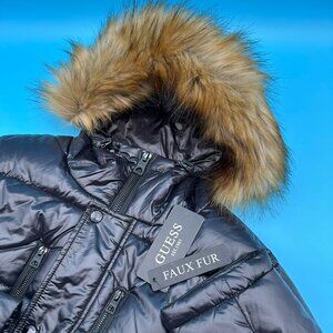 GUESS Men's Unisex Insulated Mid-Weight‎ Faux Fur Hooded Puffer Jacket , Black
